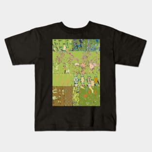 Green textiles, mixed media, fiber art, tan beige green blue purple pink Kids T-Shirt